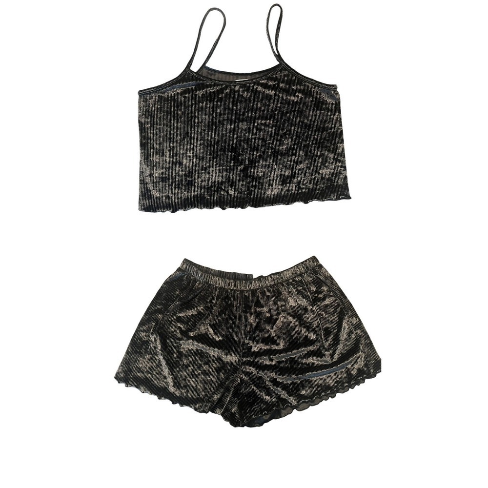 Colsie Womens L Black Velvet Pleated Lounge Set Cami Top and Shorts 2pc (0929)